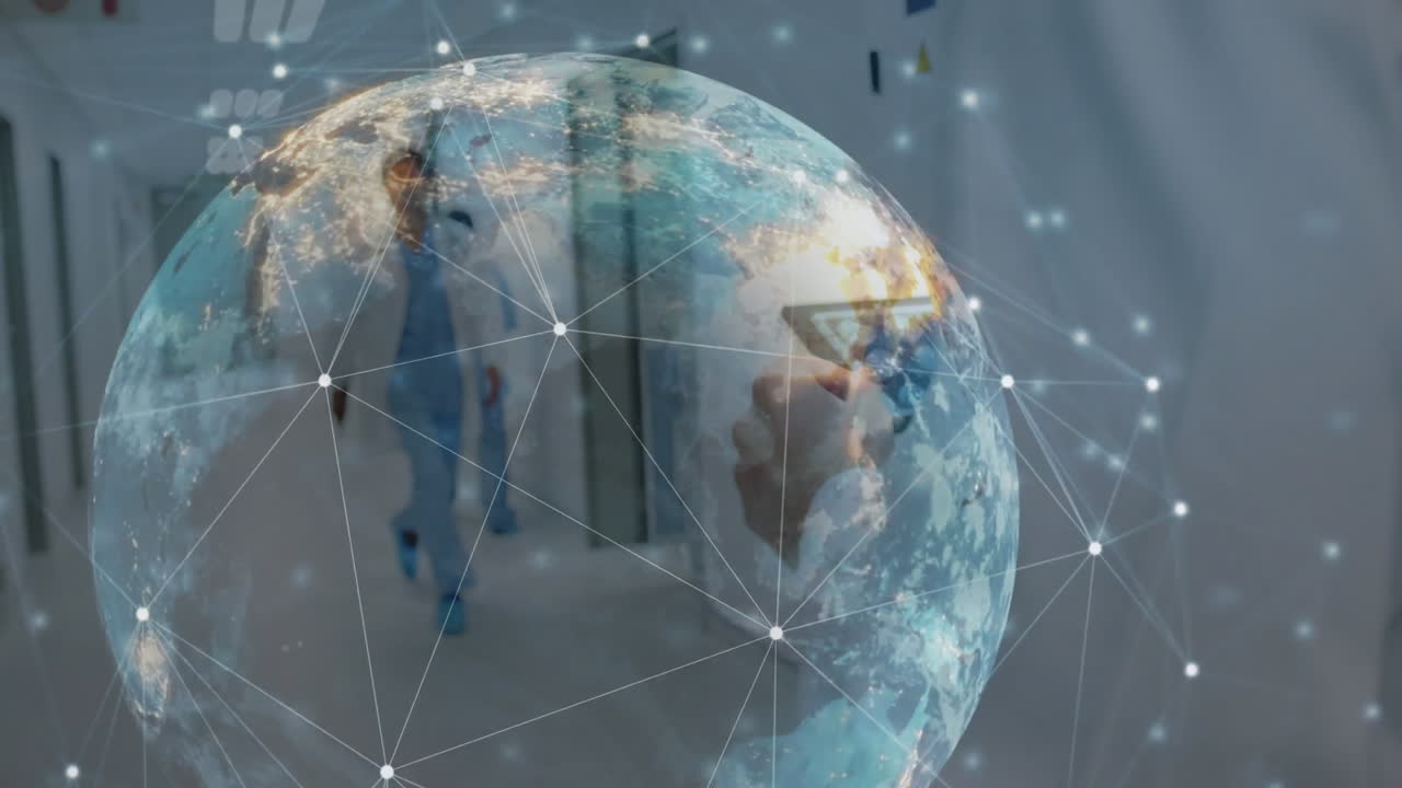In hospital corridor, healthcare professional with globe network connections animation