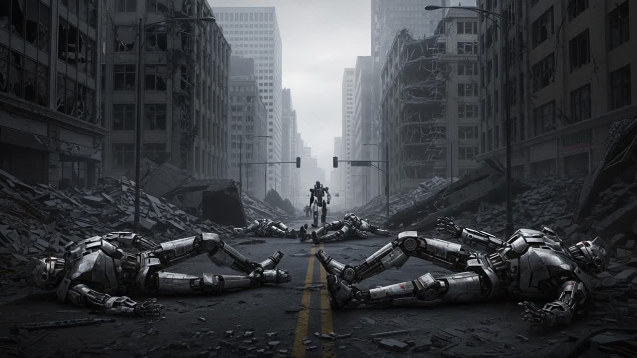 Desolation of a Futuristic Cityscape: Amidst the Ruins, Robotic Remains Lie Haphazardly, Symbolizing a Post-Apocalyptic Battle for Survival and the Future of Robotics