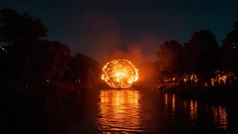 a spectacular display of fiery artistry illuminates the night sky, reflecting vibrant flames on a serene river with gathered spectators amidst nature's beauty