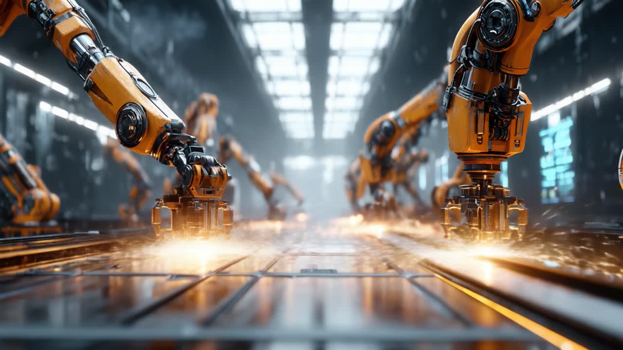 An Advanced Robotic Assembly Line Showcasing High-Precision Industrial Automation with Multiple Robotic Arms Performing Tasks in a High-Tech Environment