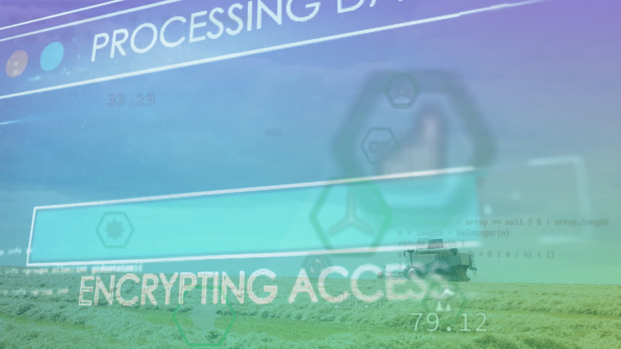 Animation of texts with loading bars over icons and computer language, vehicle on field against sky