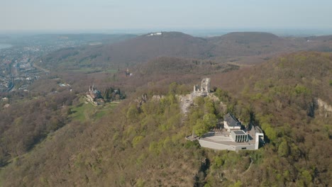 Drone---Aerial-shot-of-the-Drachenfels-with-castle-Drachenburg-and-the-river-rhine-Siebengebirge-near-Bonn---Königswinter