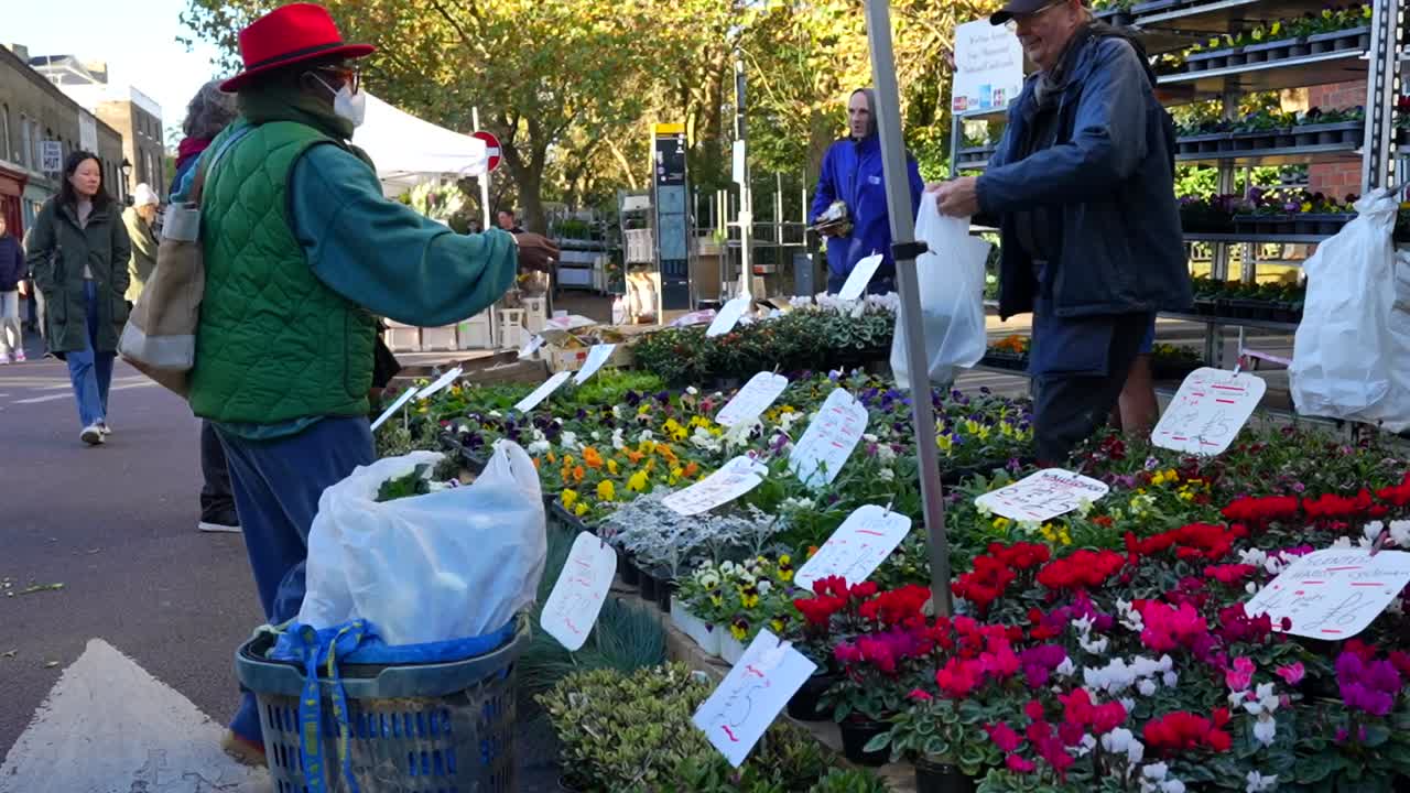 Columbia Road Flower Market bustling with people buying plants and flowers on a sunny London day