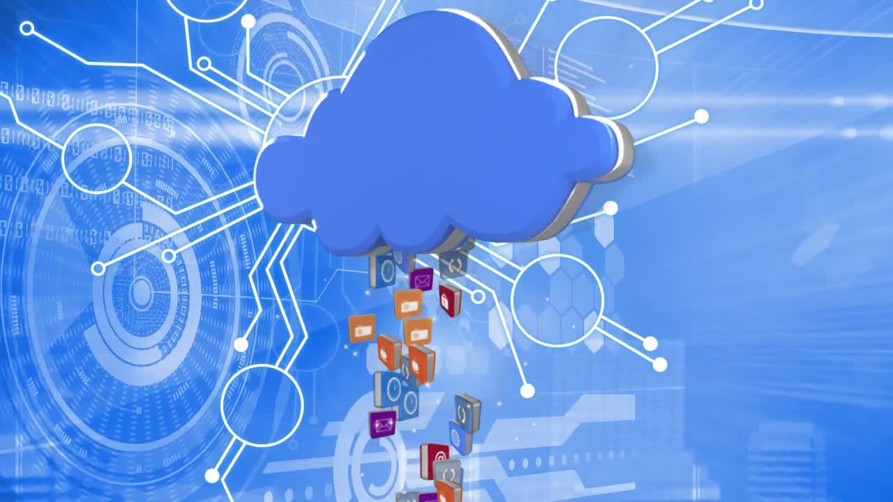 파란색 바탕에 스캔하는 스 ⁇  위에 디지털 아이콘으로 파란색 구름의 애니메이션