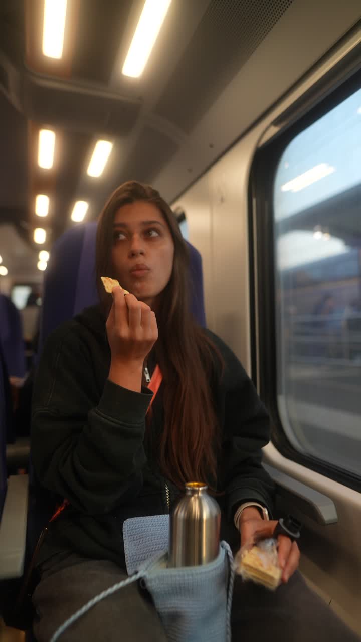 Woman Eating Snack on a Train