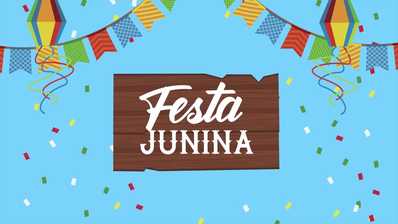 animación de letras de festa junina con cometas y guirnaldas