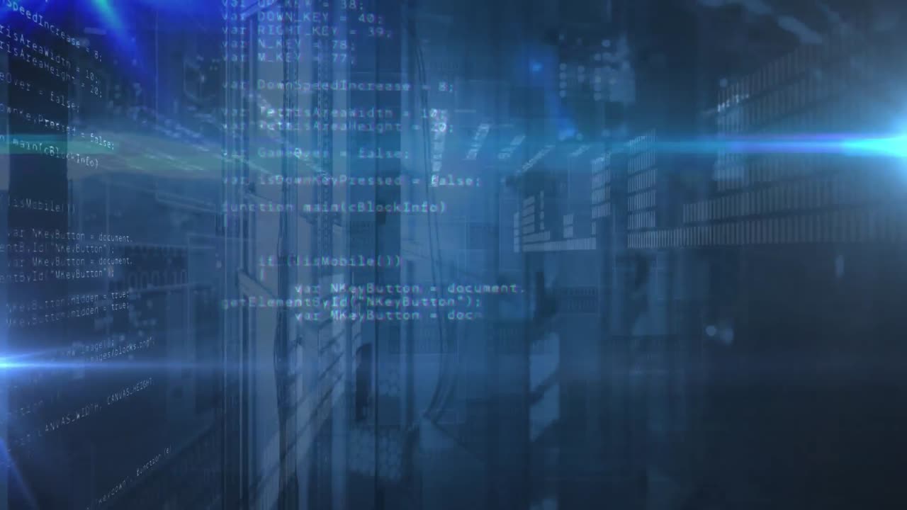 Data processing and spot of light over computer server against blue background