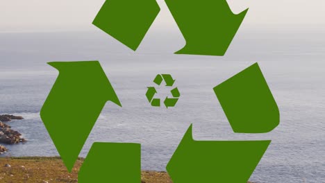 animation of recycling, sustainability and ecology icons over landscape