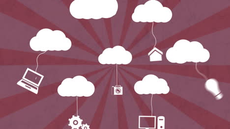 Animation-of-multiple-digital-icons-tied-to-cloud-icons-against-pink-radial-background