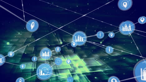 location and data icons connected by lines, network animation over digital grid