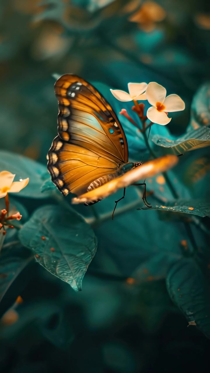 Farfalla arancione posata su foglie verdi con fiori bianchi