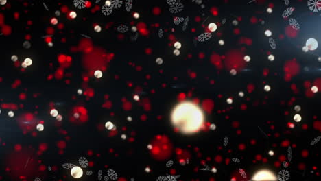 iconos de copos de nieve contra manchas rojas de luz flotando contra un fondo negro