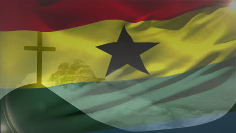 animation of ghana flag with cross and clouds, symbolizing faith and pride