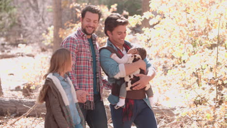 Male-parents,-baby-and-daughter-walking-in-woods,-close-up