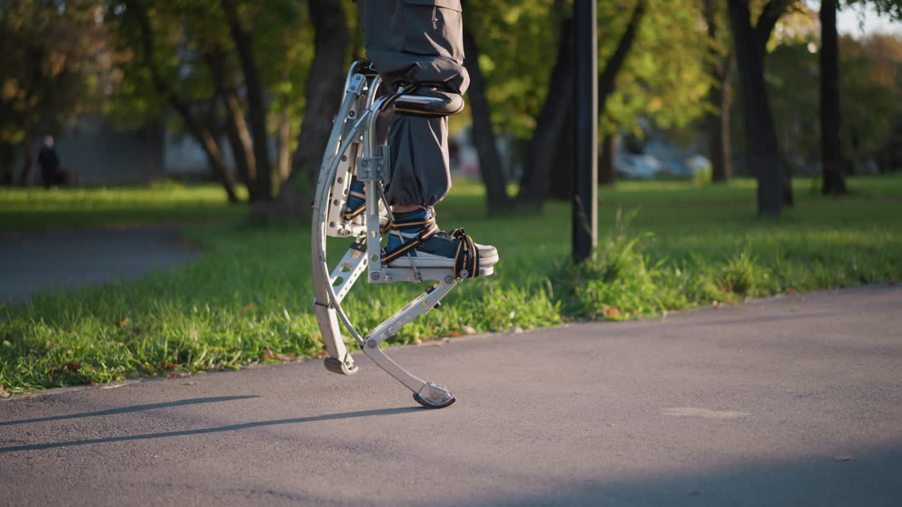 공원에서 포장된 길에서 스프링 스을 사용하는 사람, 어두운 회색 바지와 운동 신발을 입고, 다리와 스에 초점을 맞추는 낮은 각도에서 찍은 사람, 역동적인 움직임과 에너지를 보여줍니다.