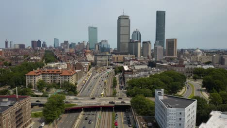 Cinematic-Aerial-Shot-of-Cars-on-Highway-in-Boston,-Massachusetts