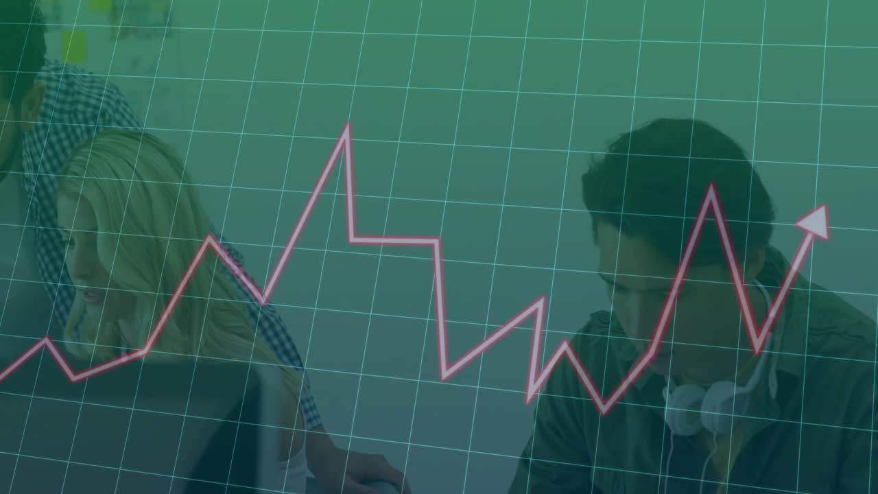 Animation of rising graph line with business professionals collaborating in office