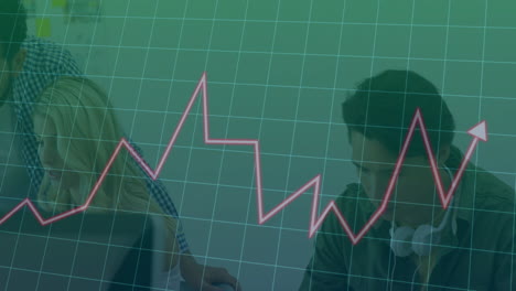 animation of rising graph line with business professionals collaborating in office