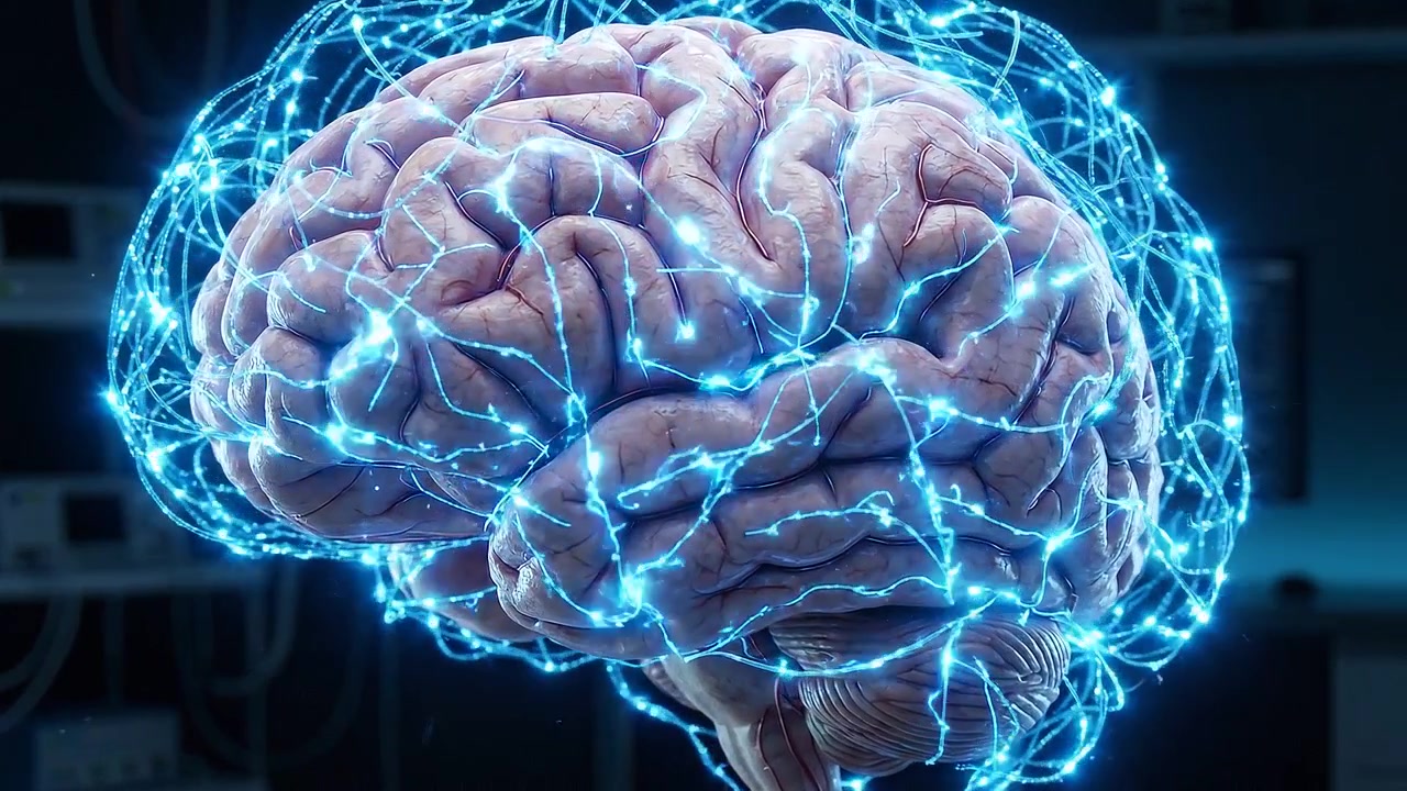 Cervello umano luminoso con percorsi neurali illuminati su sfondo medico scuro