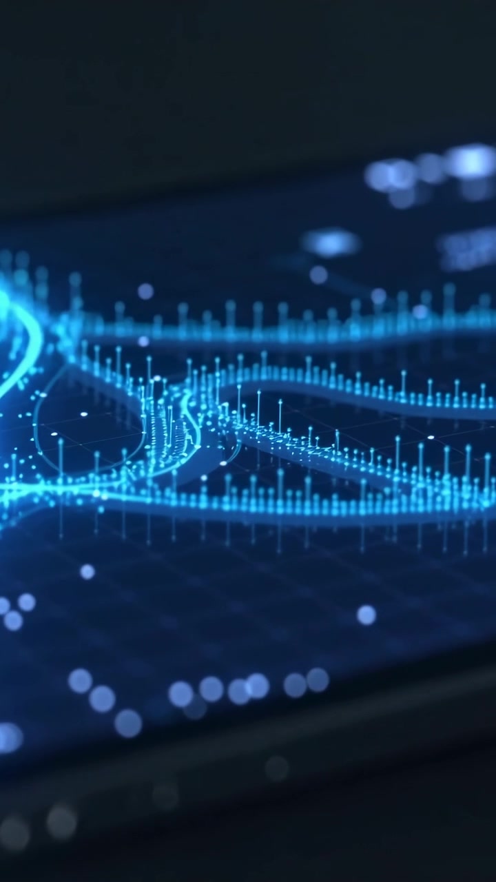 Vertical video: Animating cyan data visual flowing on phone in dim room showing flow, spikes, dots