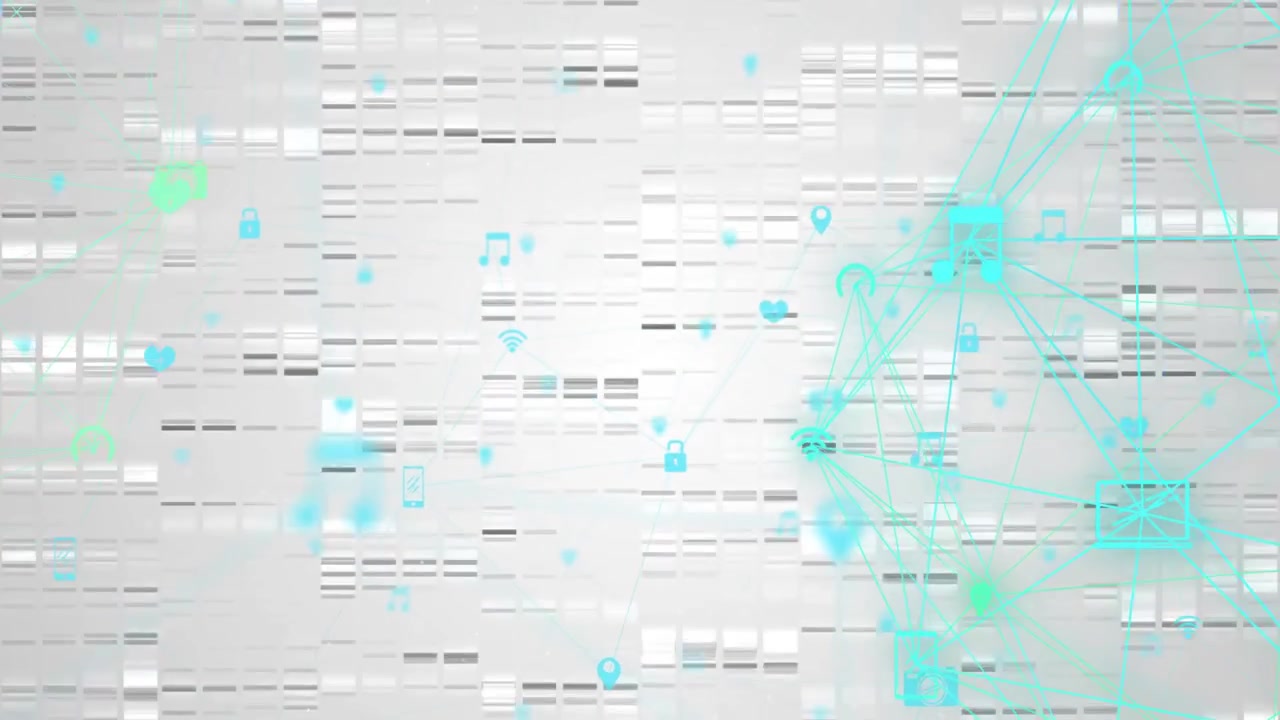 Turquoise network nodes forming on right gray tile grid, drawing pins hearts music, copy space