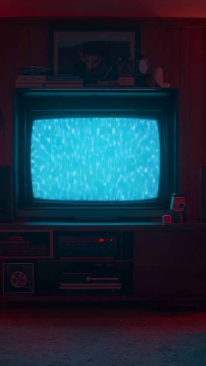 Video verticale: alimentazione di sfarfallio statico TV CRT in un angolo seminterrato illuminato di rosso con console in legno