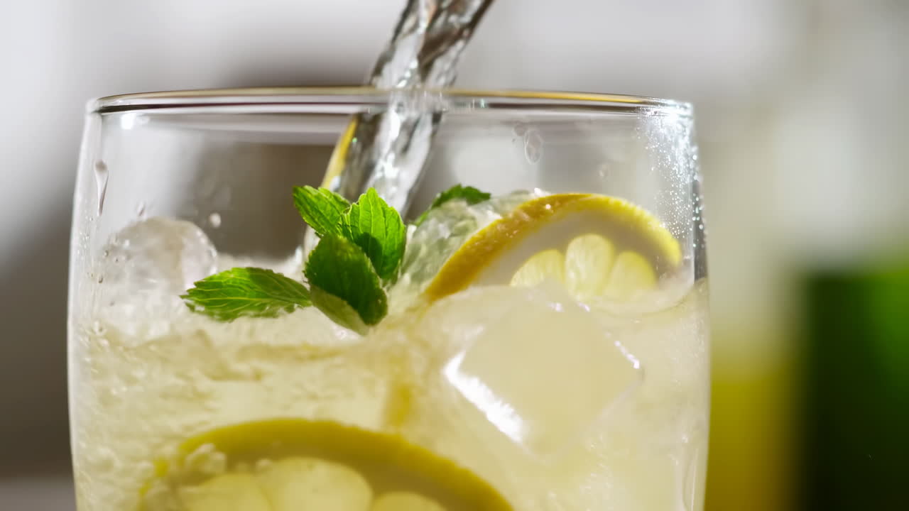 Acqua frizzante rinfrescante versata su ghiaccio, fette di limone, un rametto di menta e bordo del bicchiere con condensa fredda.