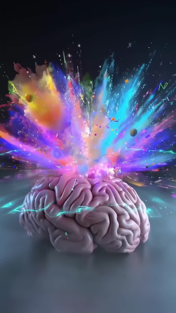 Esplosione colorata da un cervello, catturata in uno stile video dinamico, ad angolo basso
