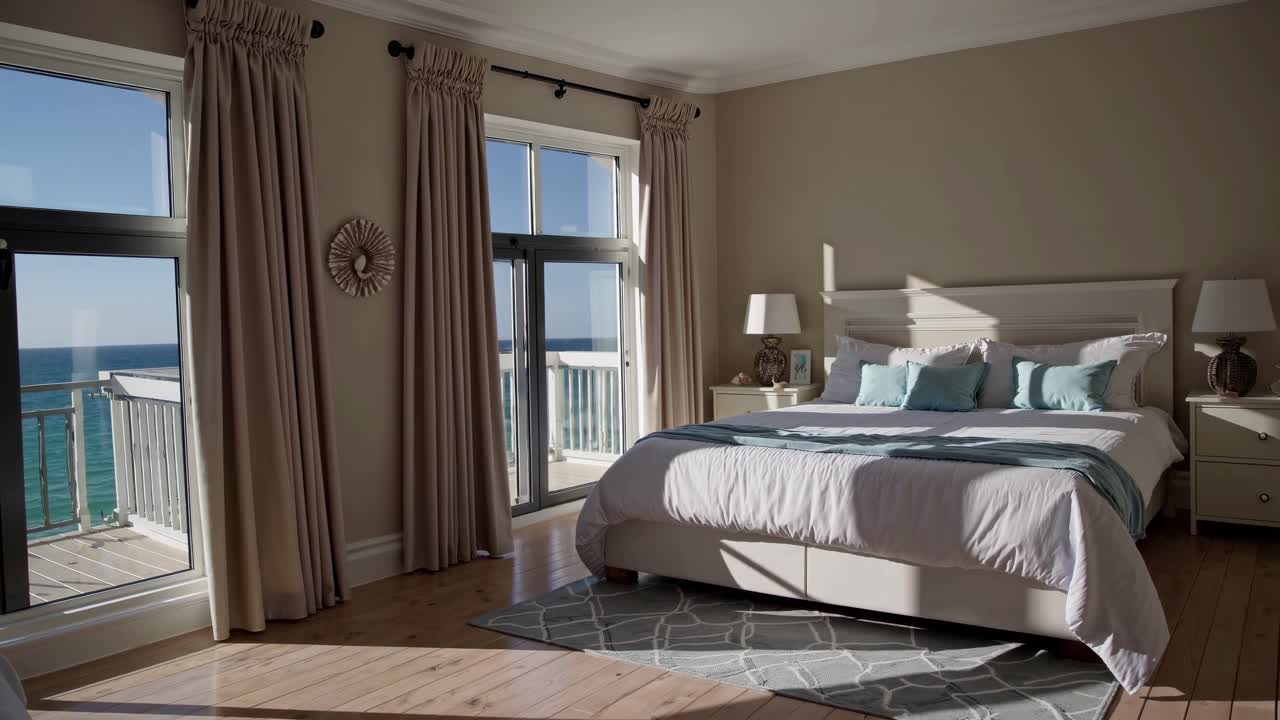 A serene bedroom with ocean view, captured from a low angle