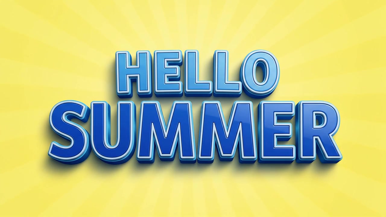 Animated Hello Summer Text on Bright Yellow Sunburst Background