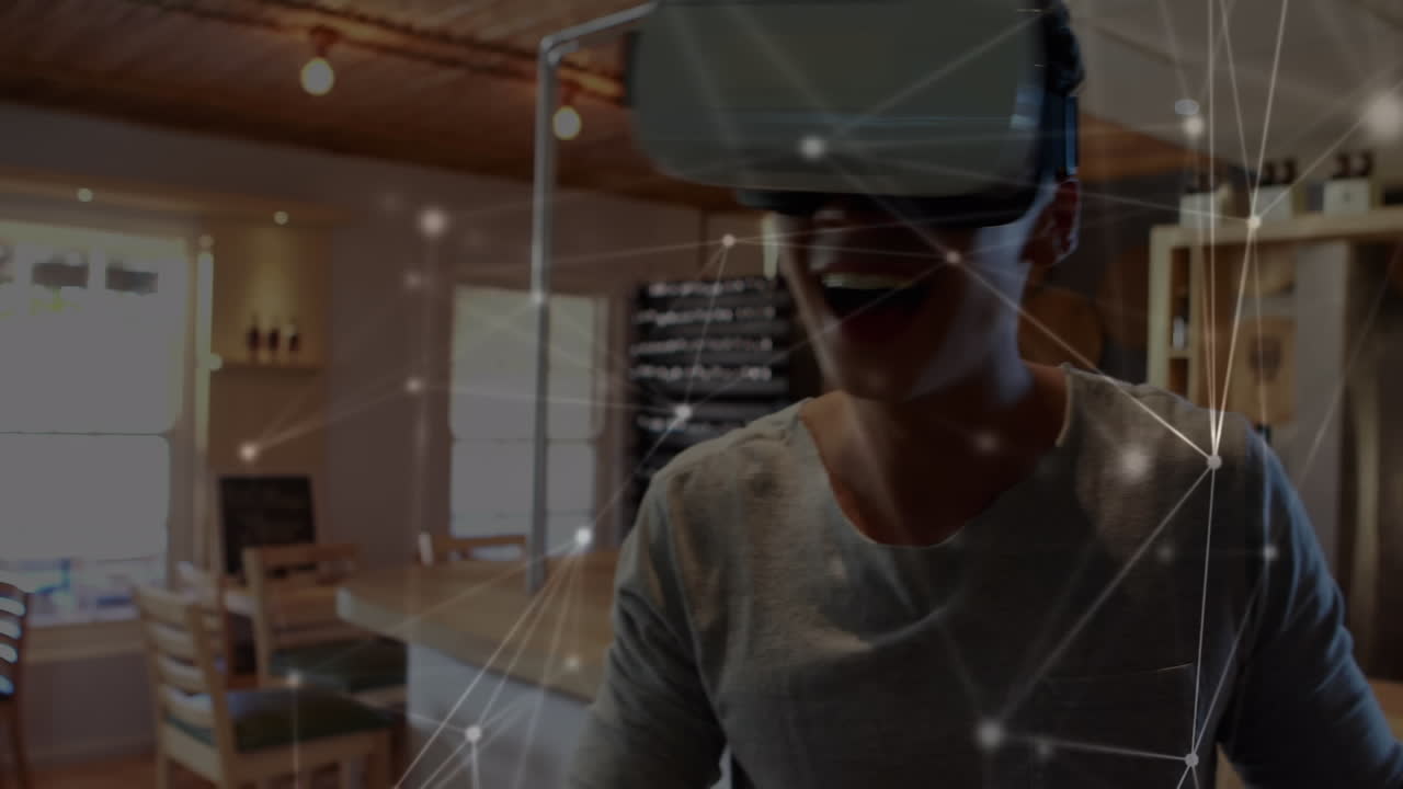 Animation of network of connections over businesswoman wearing vr headsets