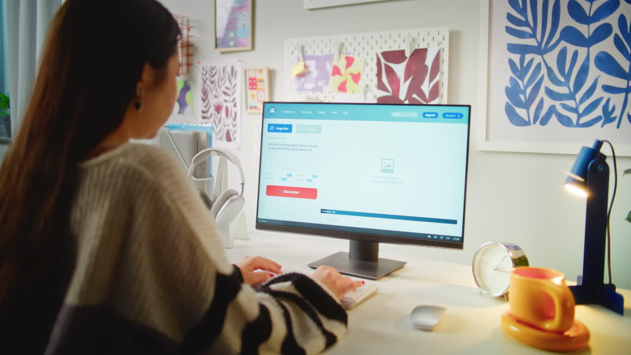 Woman using computer in a home office environment