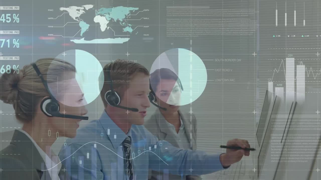 animación del registro de estadísticas sobre personas de negocios que usan auriculares telefónicos