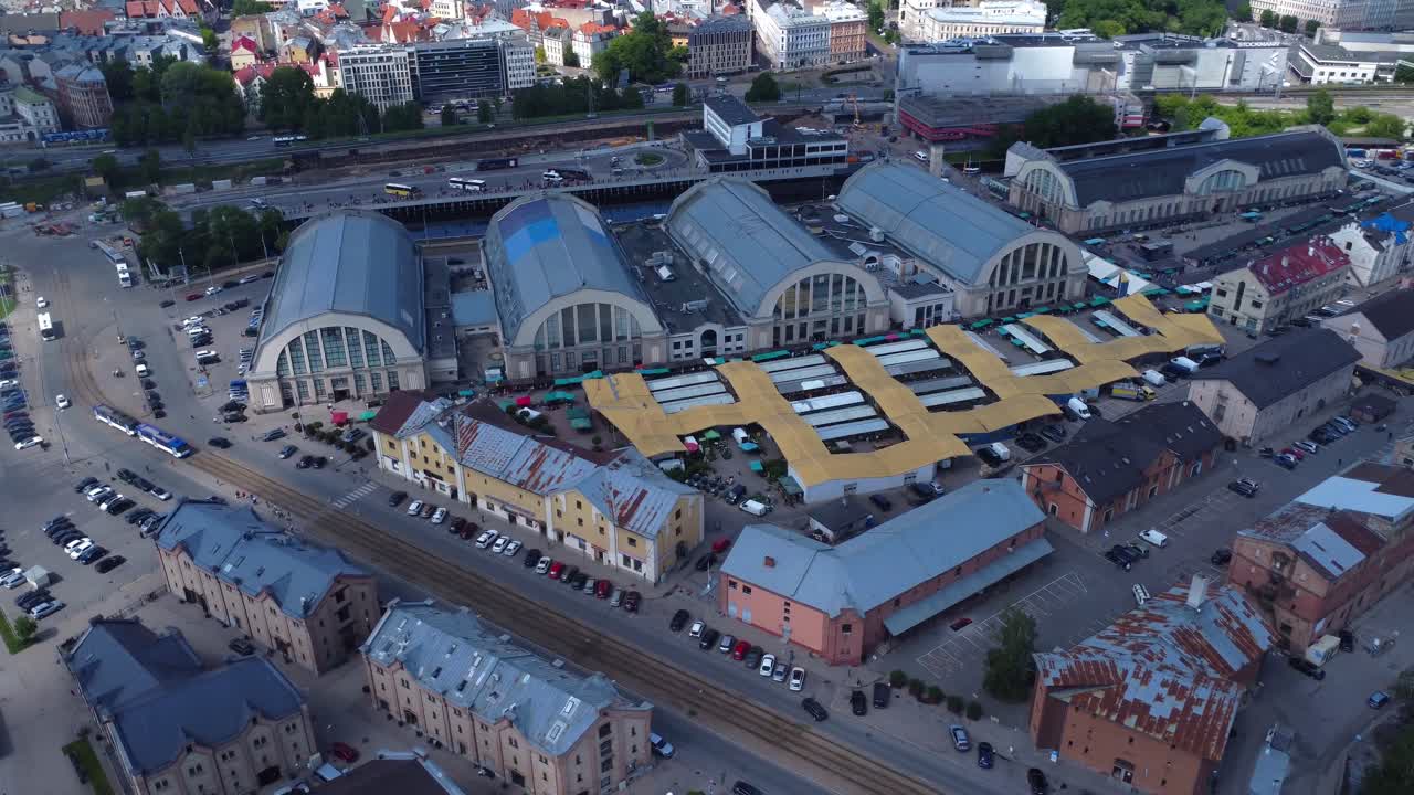 Drone view of Riga Central Market in old German Zeppelin Hangars - Latvia