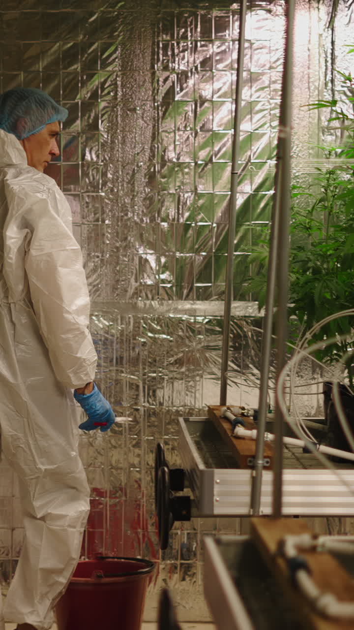 Cultivador con traje de protección ajustando equipos en una plantación de cannabis de interior