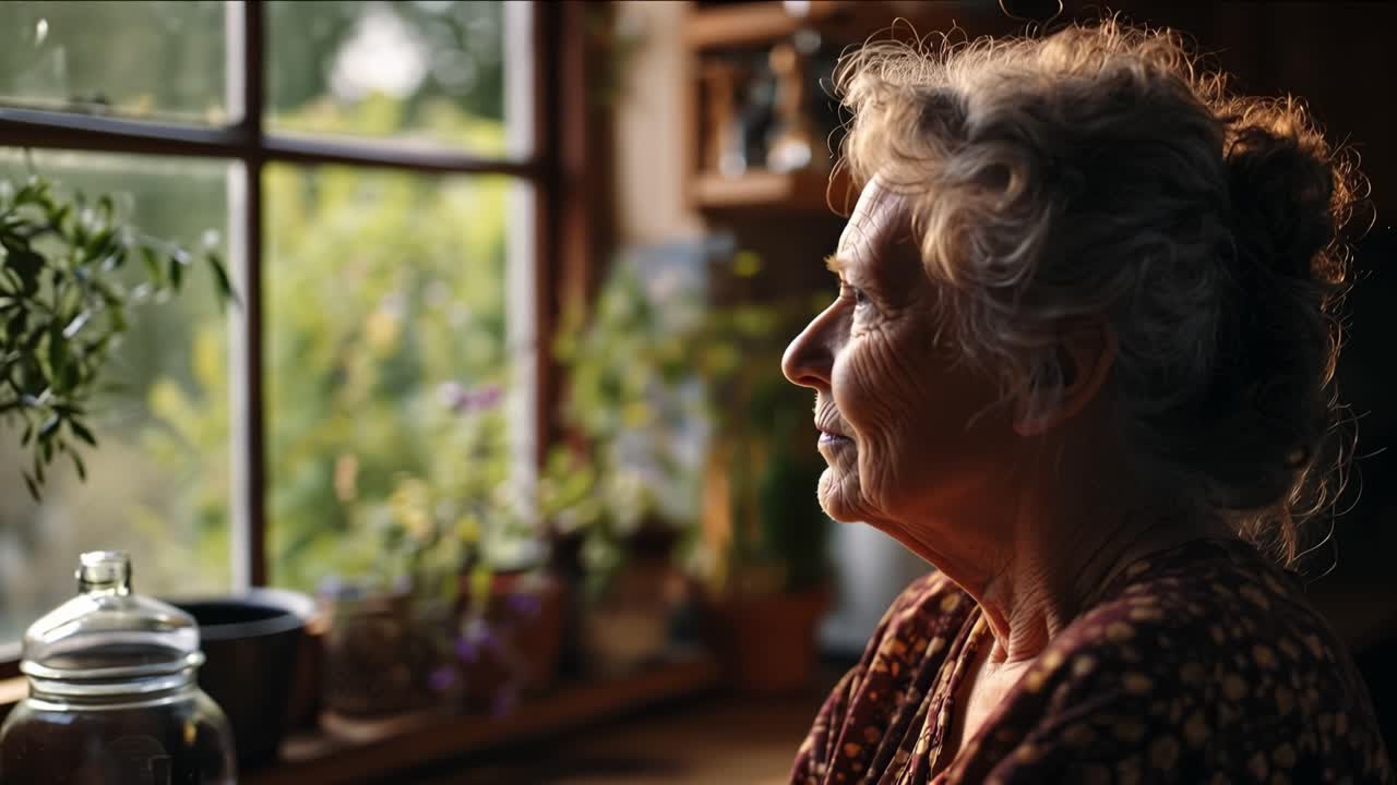 La luce del sole filtra dalla finestra, illuminandole il viso. Guarda dolcemente fuori, persa in pensieri tranquilli. Le sue mani riposano delicatamente sul davanzale. Un momento pacifico, contemplativo e profondamente sereno.