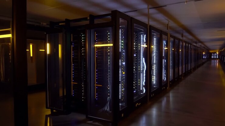 Server room with rows of servers in a data center