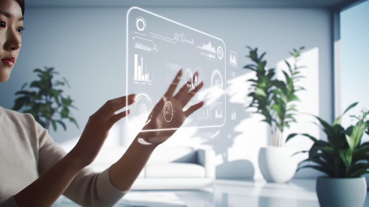 Exploring the Future of Technology: A Young Person Interacting with Holographic Displays in a Modern, Bright Living Space Surrounded by Lush Greenery