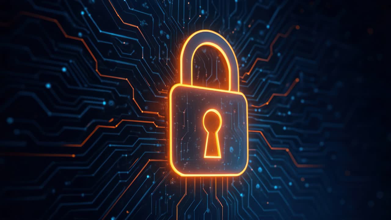 Futuristic digital security concept with a glowing lock icon on a circuit board