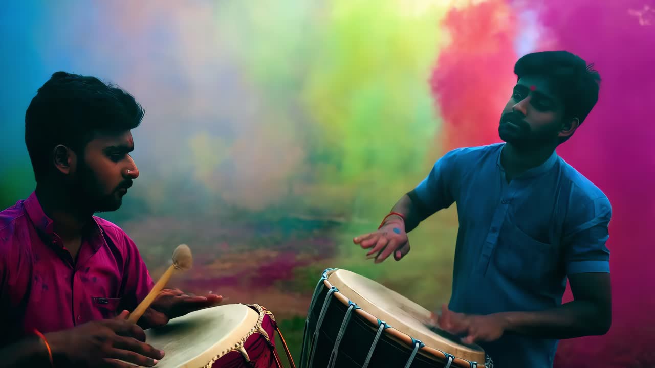 bateristas indios tocando dhol durante el festival de holi