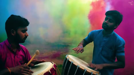 indian drummers playing dhol during holi festival