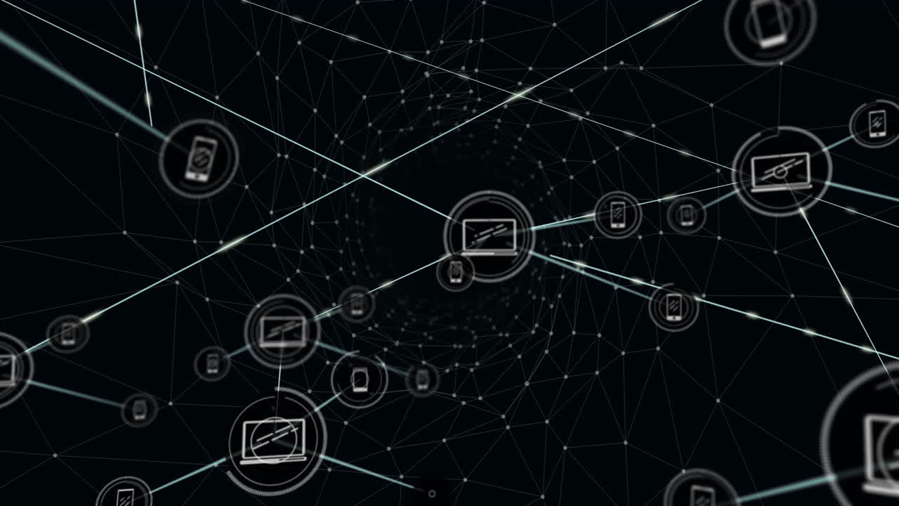 Forming digital web, network of connected devices and data nodes in animation