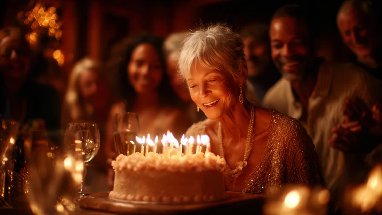 Una festa di compleanno commovente, piena di gioia e risate, con una donna circondata da amici che custodisce la sua torta, decorata con candeline accese e momenti festosi d'amore