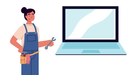 mujer técnico de computadoras con animación de portátil
