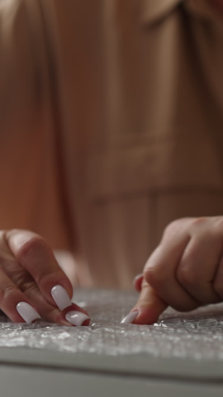 mujer presiona los dedos en la envoltura de burbujas sentada en la mesa en la cocina. joven con manicura blanca limpia se divierte haciendo estallar burbujas en el paquete protector de primer plano