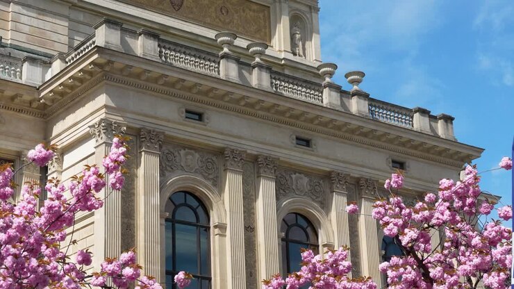 Alte Oper em Frankfurt com fachada ornamentada e flores cor-de-rosa em primeiro plano sob um céu azul claro na primavera.