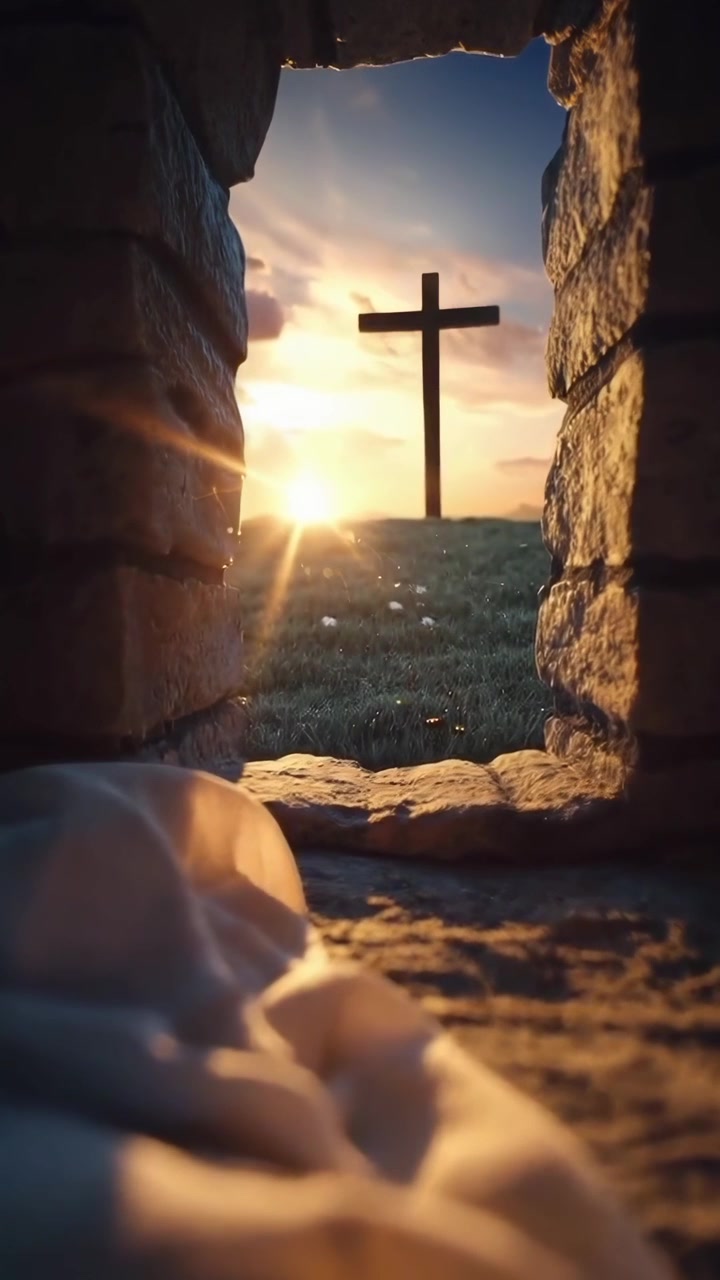 View from Inside an Empty Tomb Looking Toward a Cross at Sunset