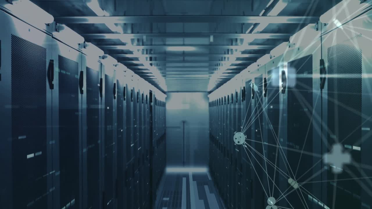 animación de globo giratorio de iconos médicos, cuadrados de mosaico y senderos de luz contra la sala del servidor