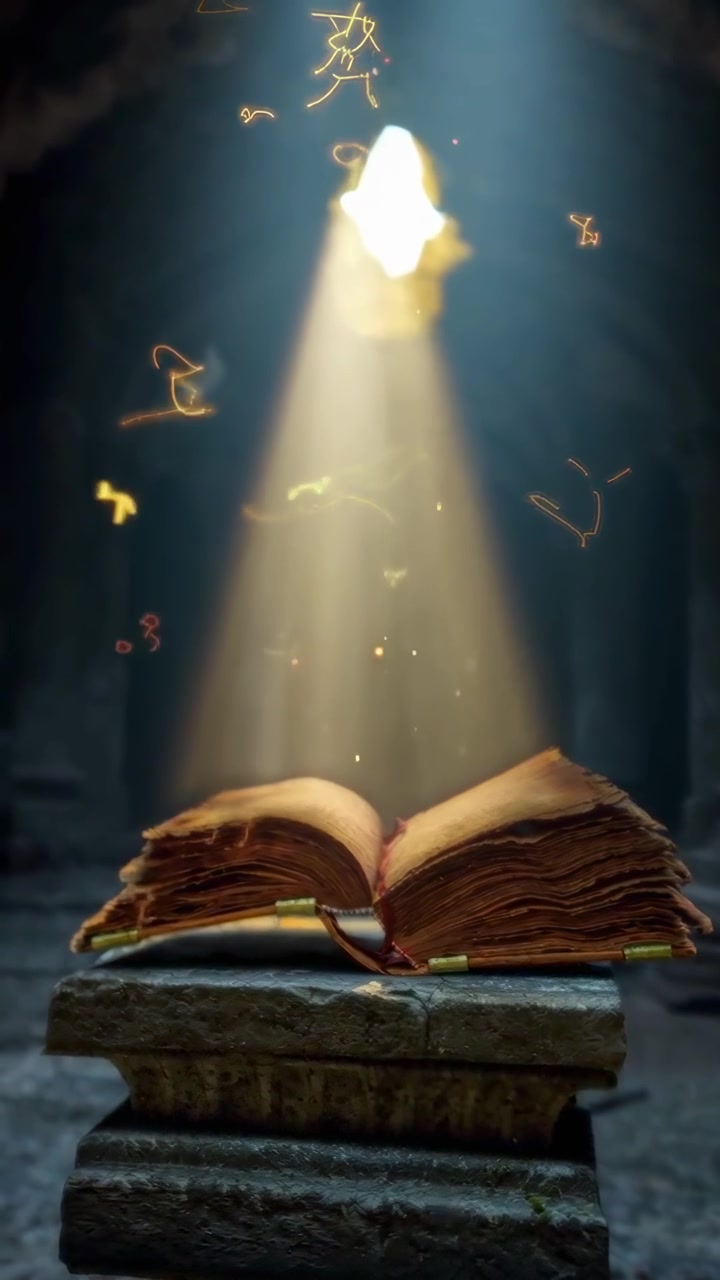 Leuchtende Symbole treten aus einem alten Buch in einem Lichtstrahl hervor