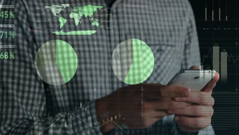 animation of financial data and graphs over hands of caucasian man using smartphone